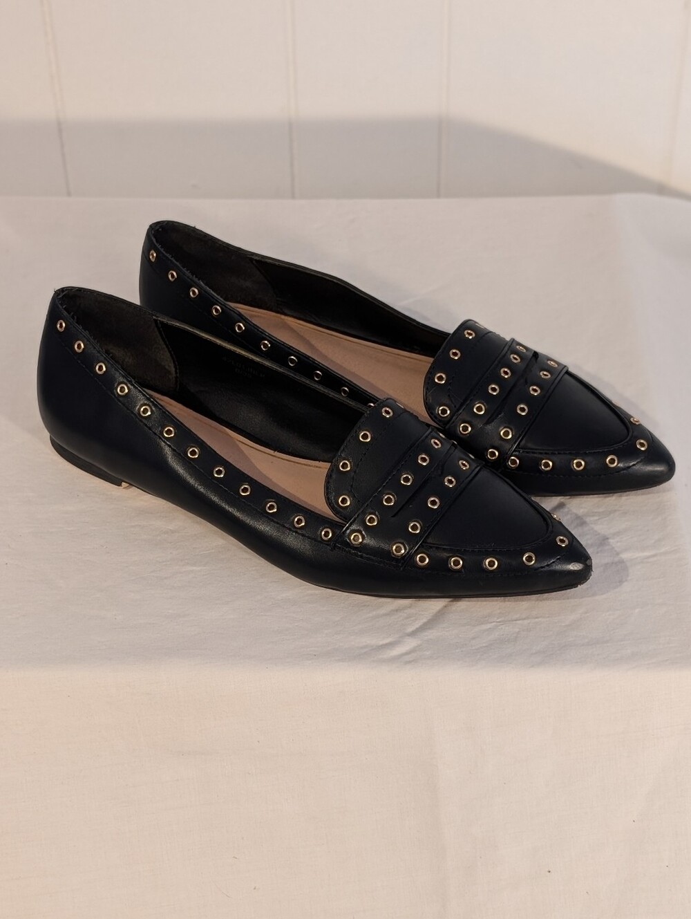 Topshop Black Pointed Loafers with Gold Eyelet Trim